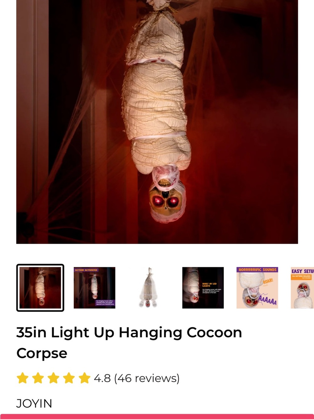 Halloween Decor- 
35in Light-Up Hanging Cocoon Corpse - White